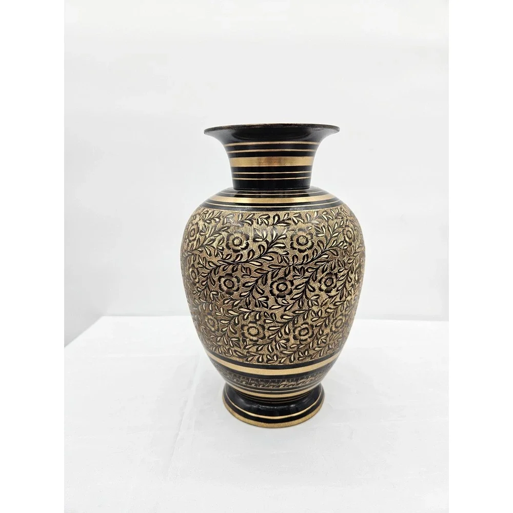 Vintage Hand Etched Black and Gold Brass Floral Urn Vase 9.5 Inch